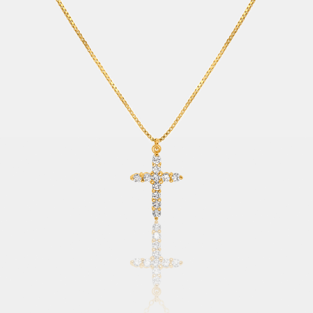 Cubic Zirconia Pave Cross Pendant on Venetian Box Chain