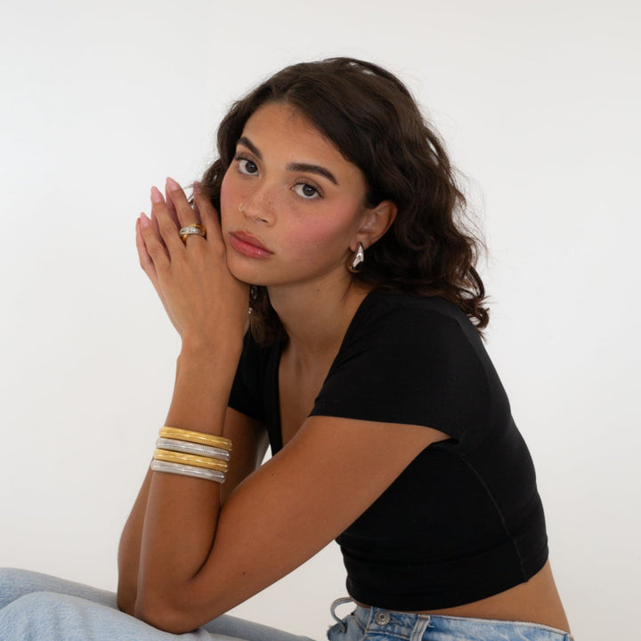 model wearing Silver Dome Drop earrings #color_silver