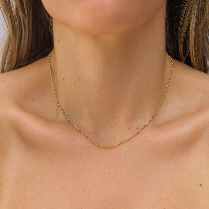 14K Gold Filled Small Bead Necklace Chain on Model