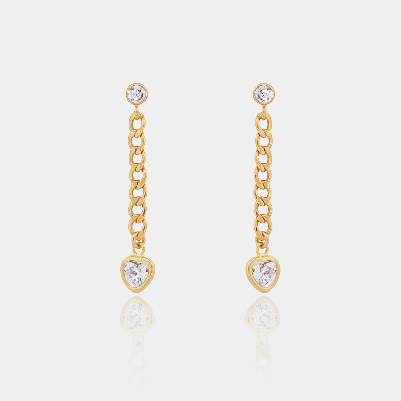 Round Cubic Zirconia Stud Earring with Hanging Curb Chain and CZ Heart Drop Charm Earring
