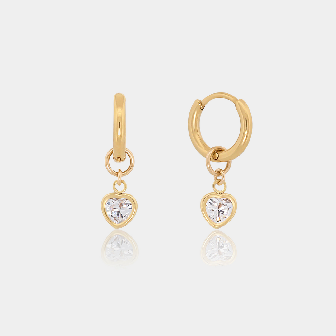 Mini Gold Hoop Huggie Earring with a Cubic Zirconia CZ Heart Drop Charm