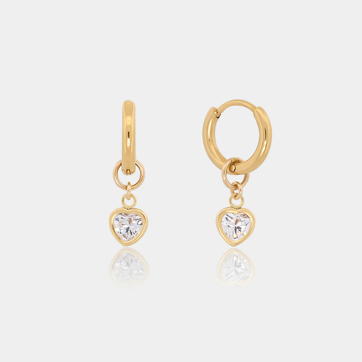 Mini Gold Hoop Huggie Earring with a Cubic Zirconia CZ Heart Drop Charm