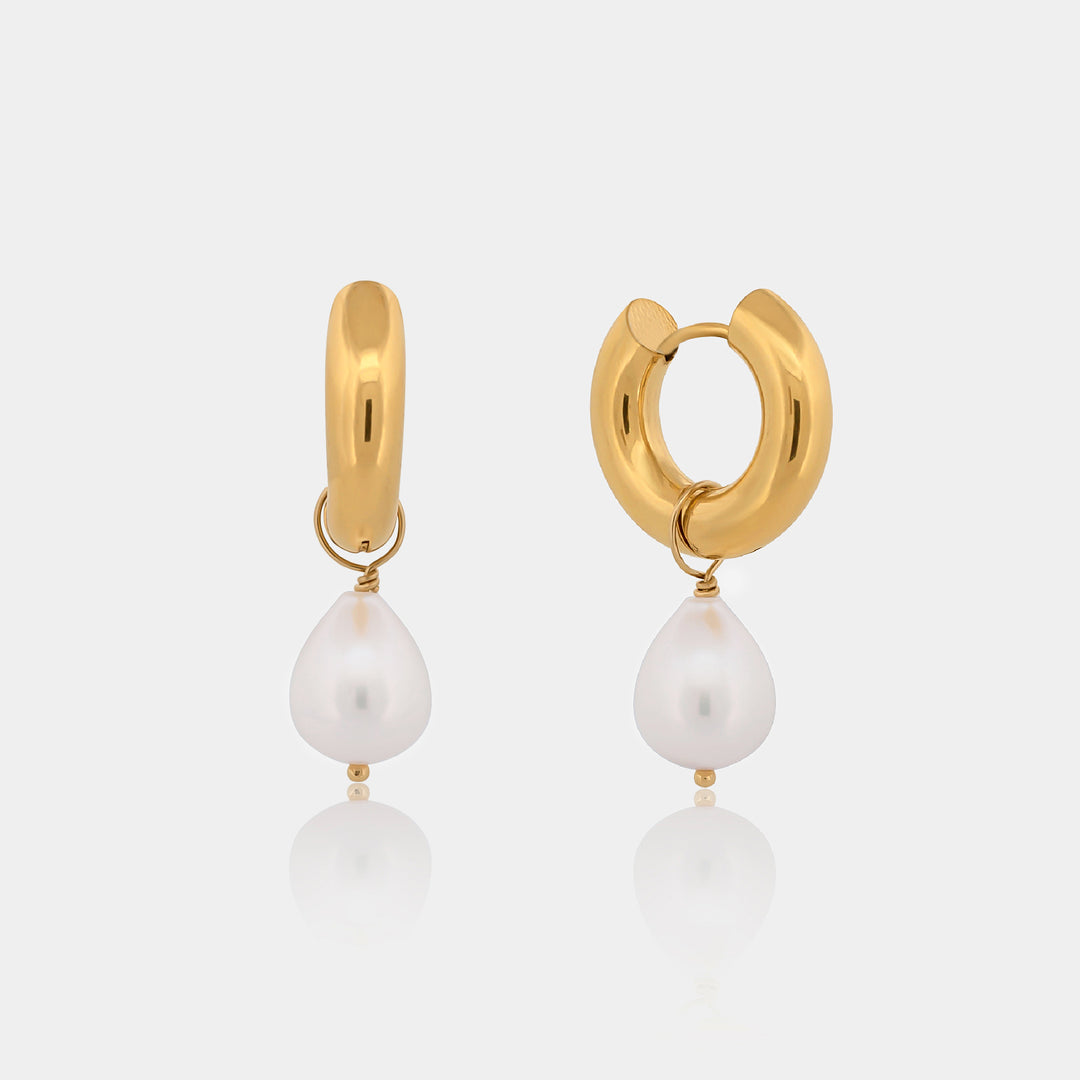 14K Gold Filled Earrings Audrey Pearl Drop Hoops LINK'D THE LABEL