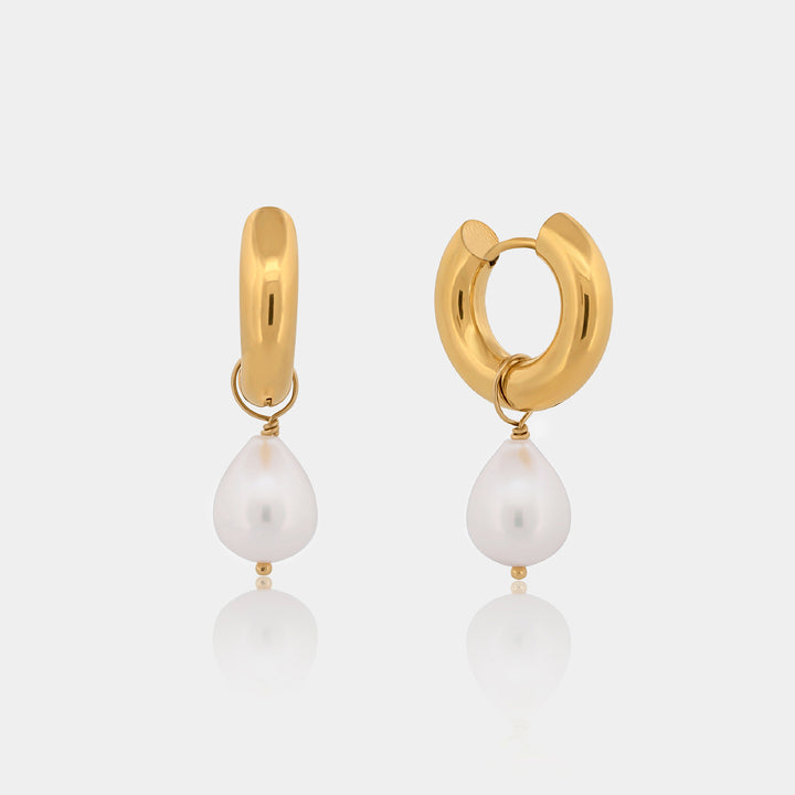 14K Gold Filled Earrings Audrey Pearl Drop Hoops LINK'D THE LABEL