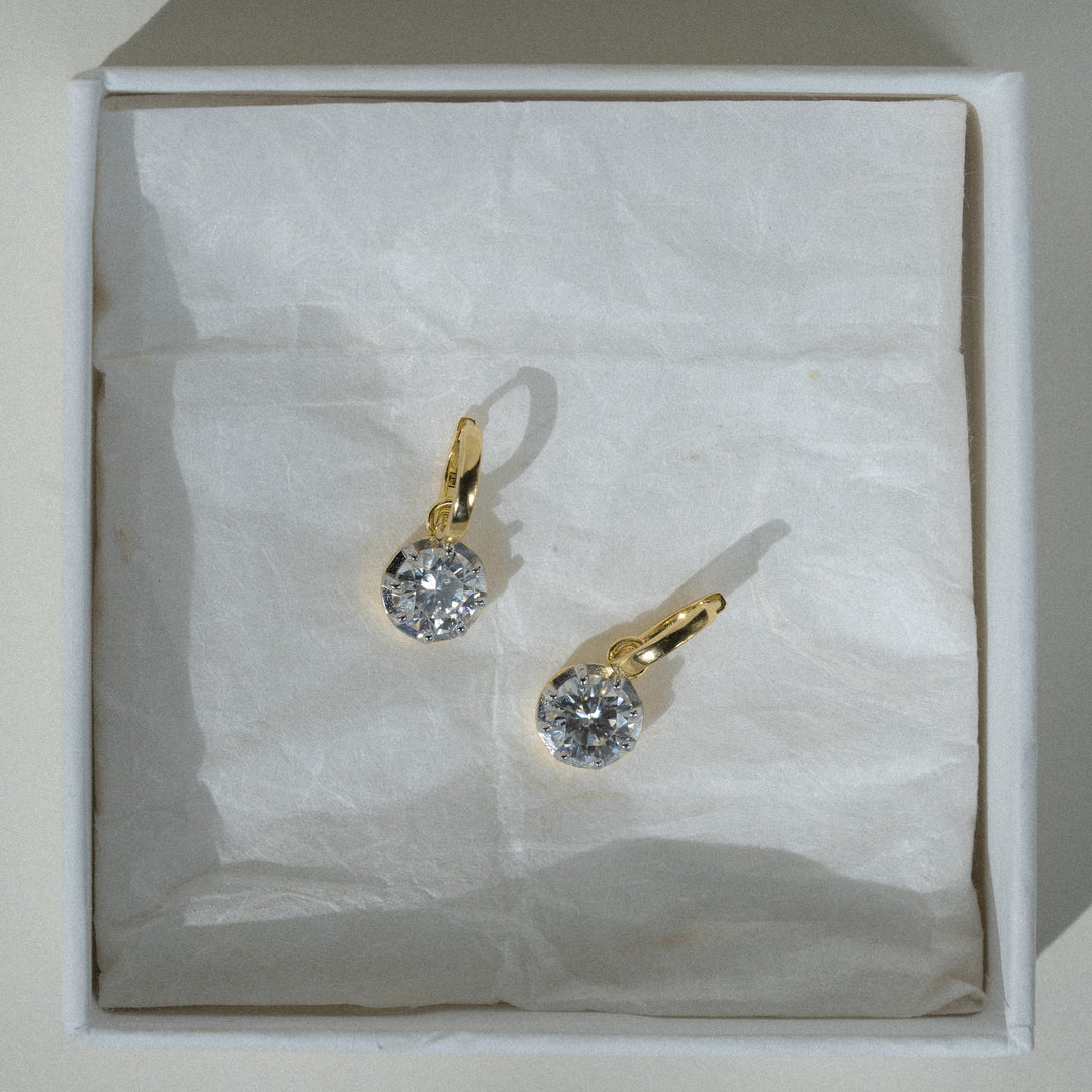 14K Gold Filled Earrings Two-Tone Georgian Moissanite Drop Huggies LINK'D THE LABEL