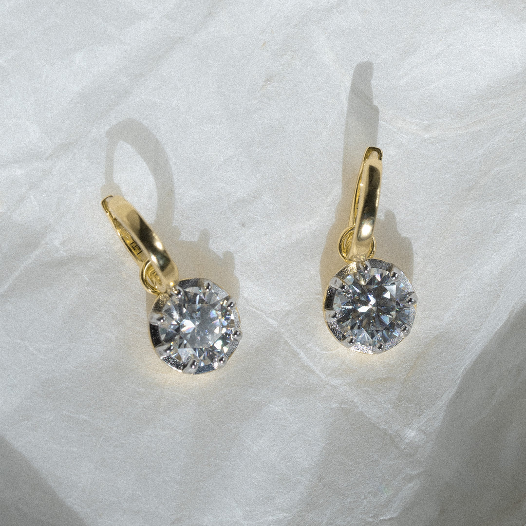 14K Gold Filled Earrings Two-Tone Georgian Moissanite Drop Huggies LINK'D THE LABEL