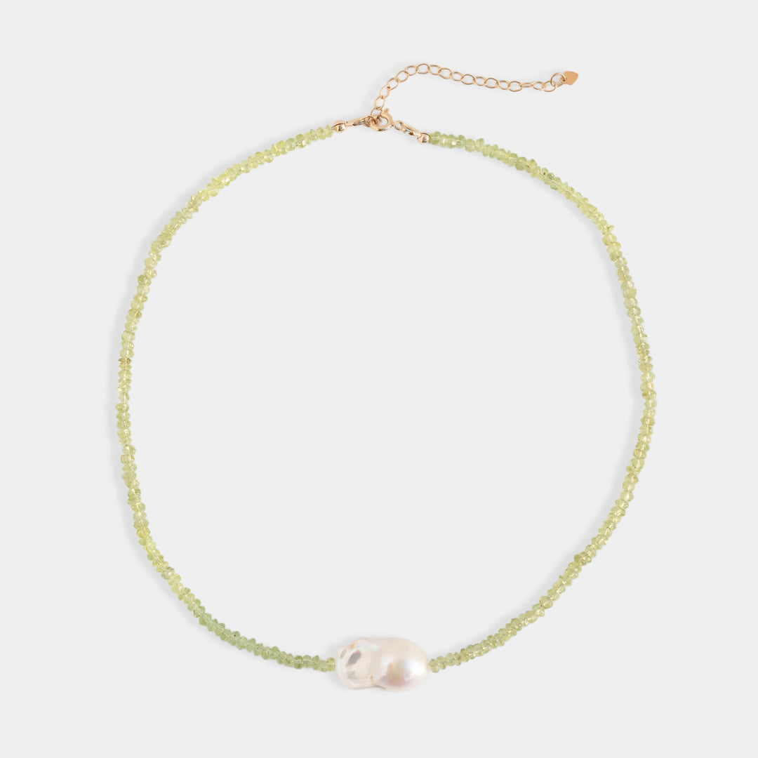 Green peridot bead necklace with baroque freshwater pearl
