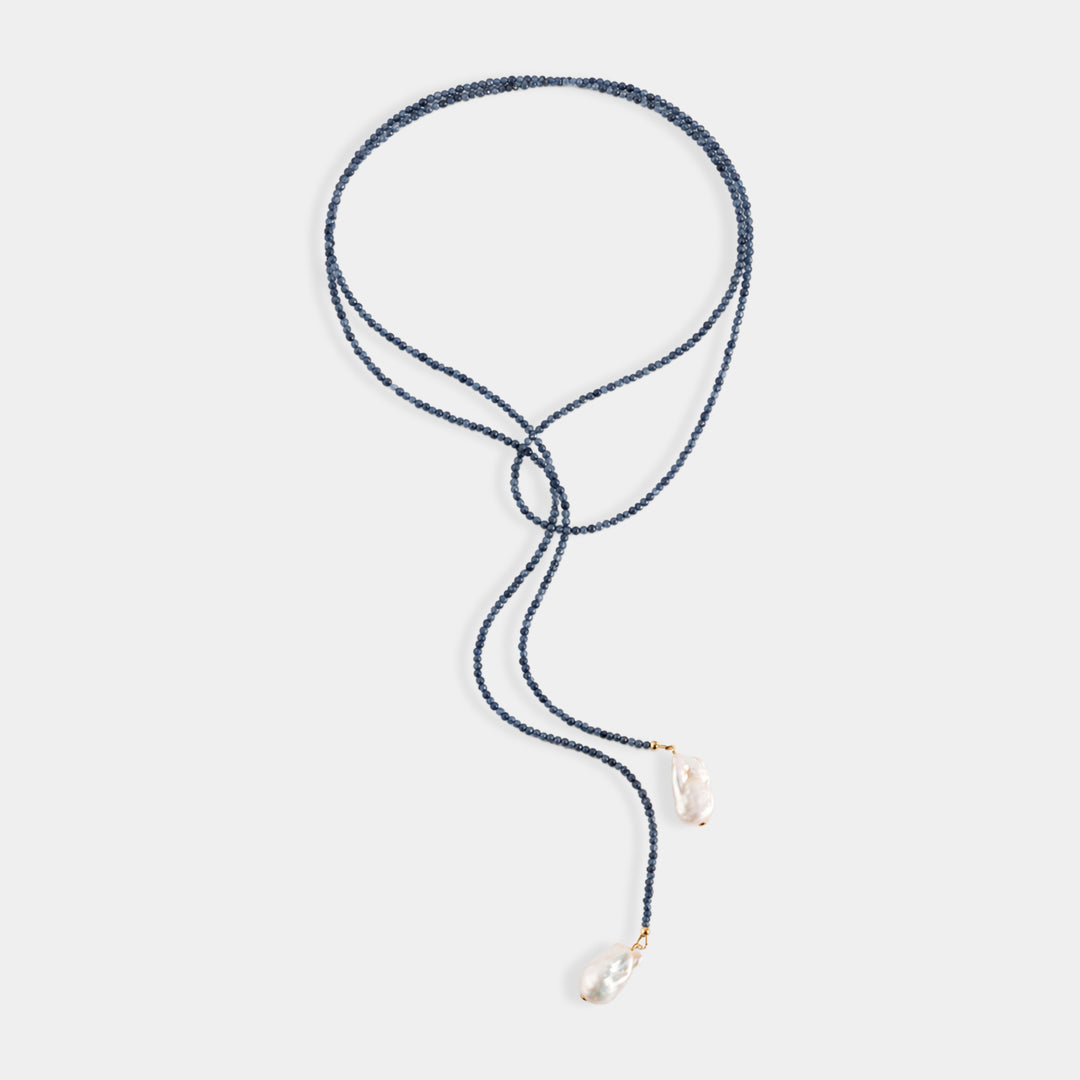 Long blue sapphire bead lariat necklace with baroque freshwater pearls