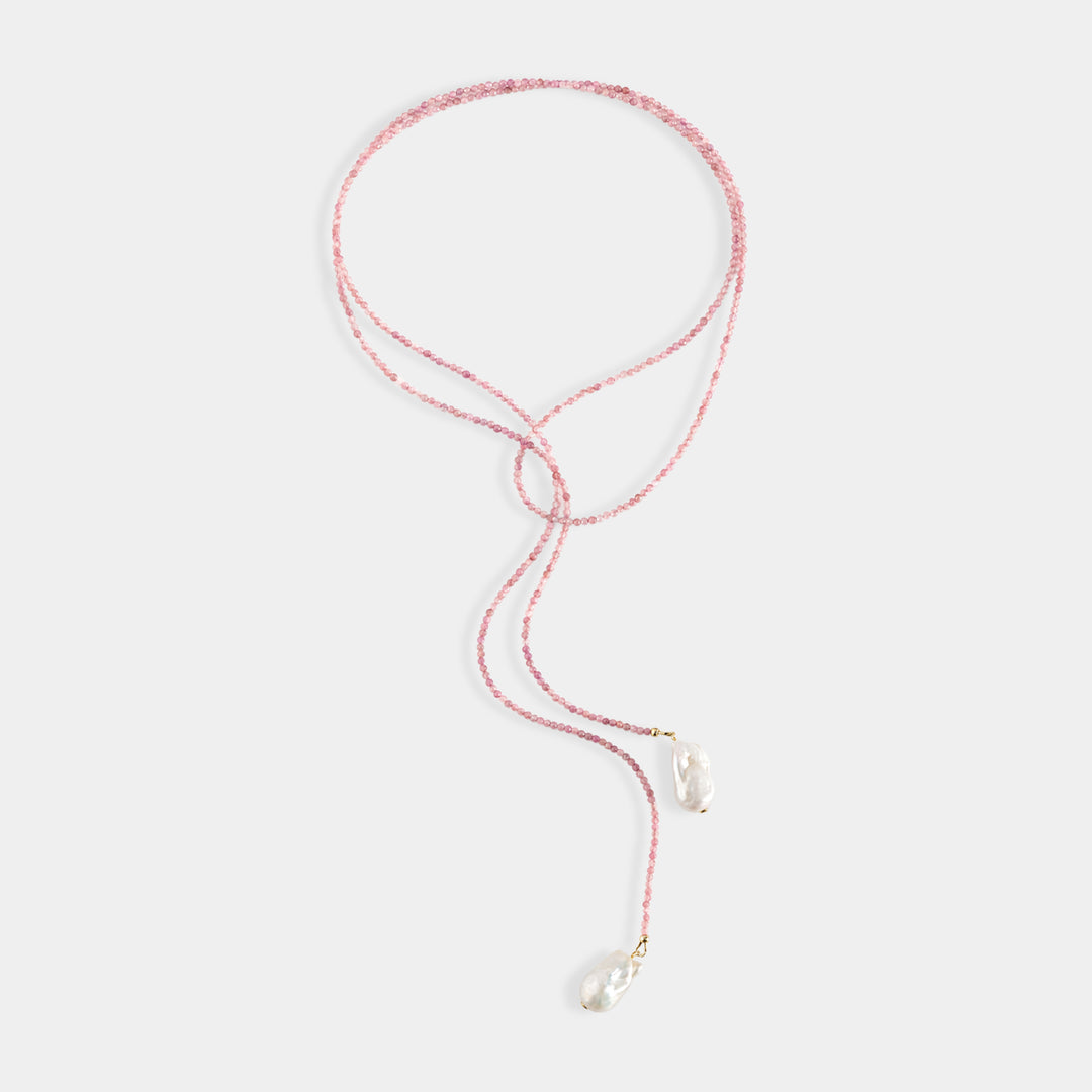 Long pink tourmaline bead lariat necklace with baroque freshwater pearls