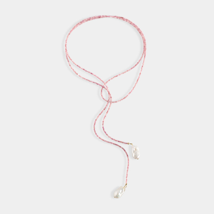 Long pink tourmaline bead lariat necklace with baroque freshwater pearls