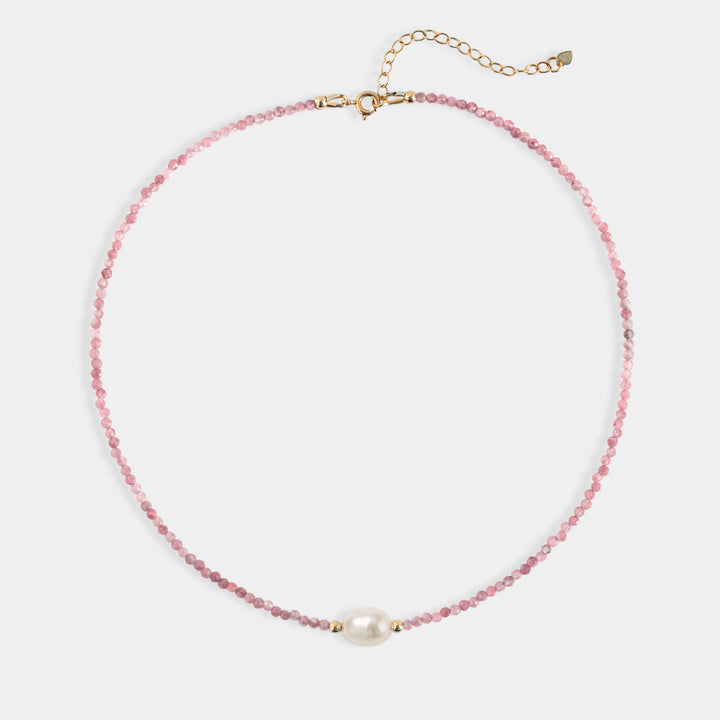 Pink tourmaline bead necklace with round freshwater pearl and gold accent beads