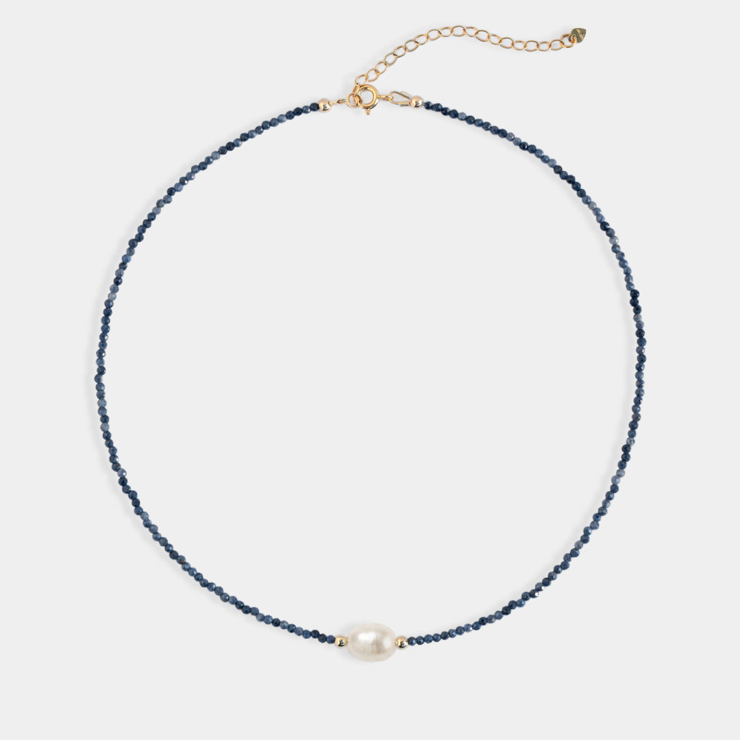 Blue sapphire bead necklace with round freshwater pearl and gold accent beads