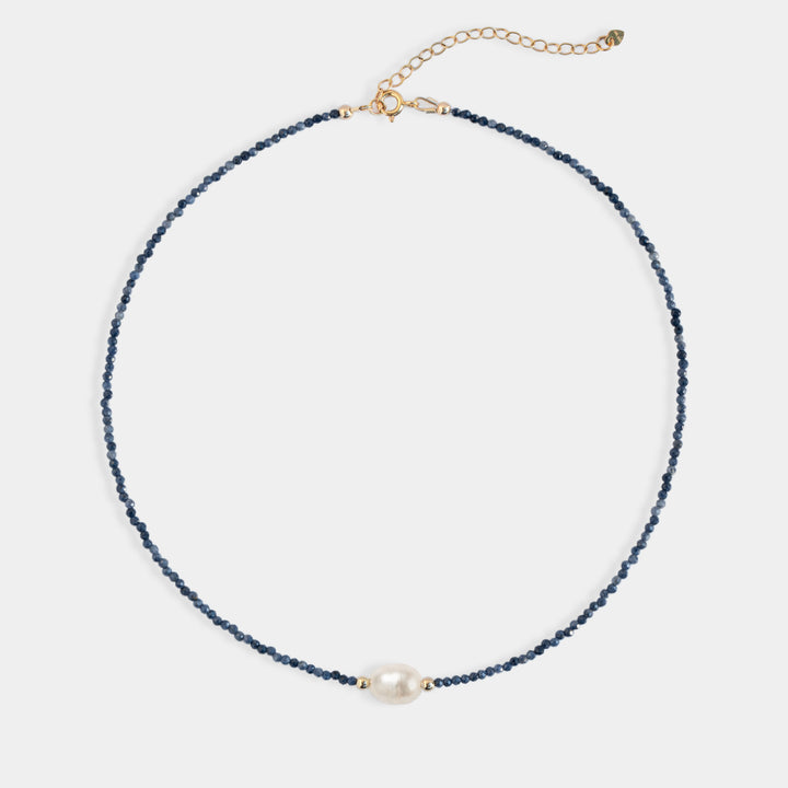 Blue sapphire bead necklace with round freshwater pearl and gold accent beads