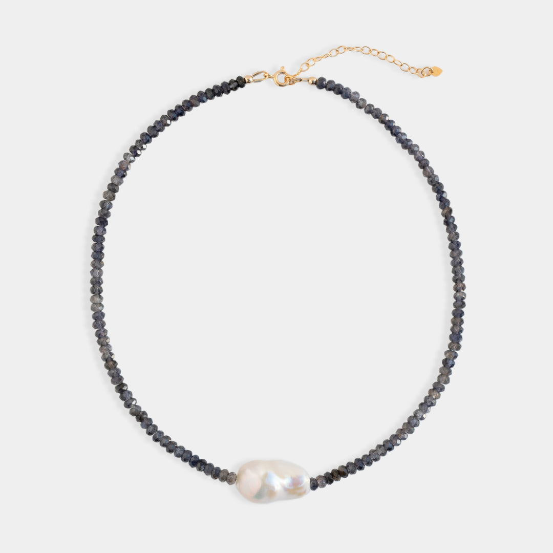 Blue-violet iolite bead necklace with baroque freshwater pearl