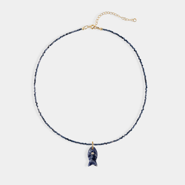 Blue sapphire bead necklace with small carved blue stone charm