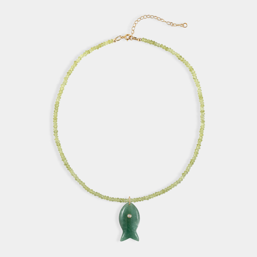 Peridot bead necklace with large carved green aventurine charm
