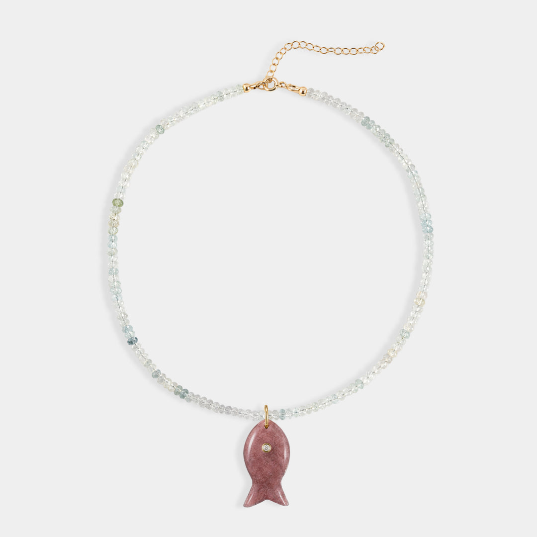 Aquamarine bead necklace with large carved pink quartz charm