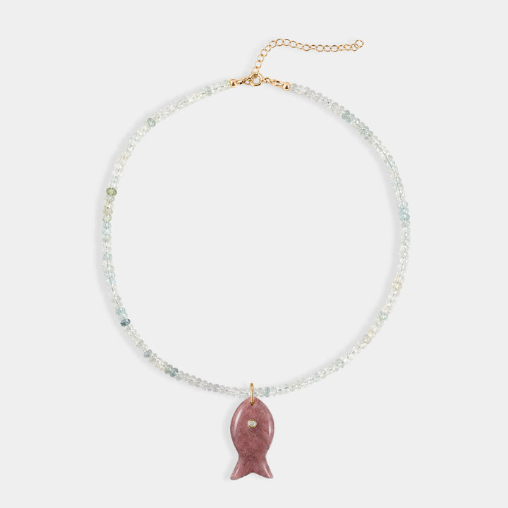 Aquamarine bead necklace with large carved pink quartz charm