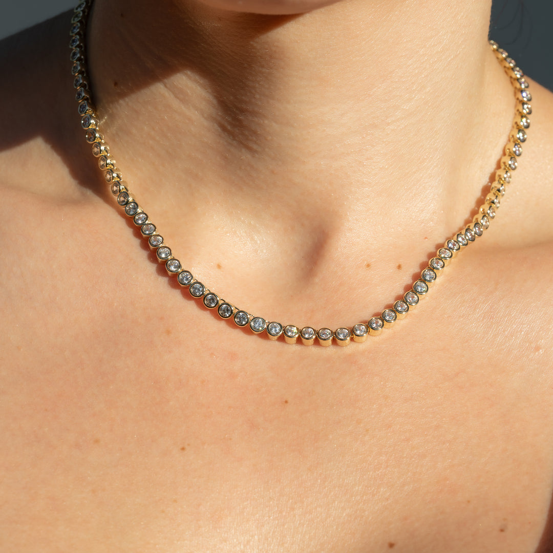 14K Gold Filled Necklaces Rumi Round Bezel Set Tennis Necklace LINK'D THE LABEL