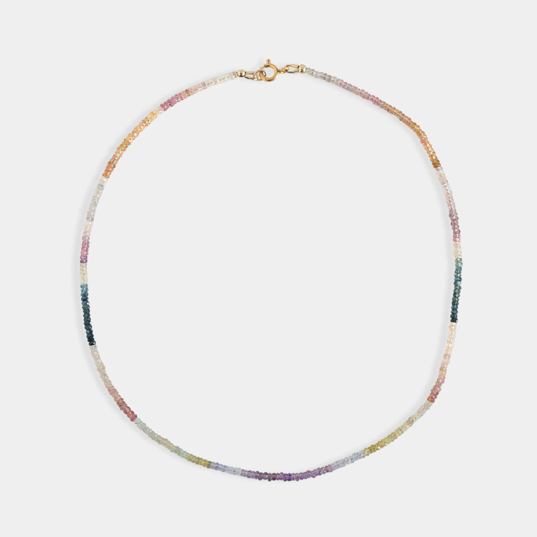 Multi-color sapphire bead necklace in ombre gradient, pink to blue to green