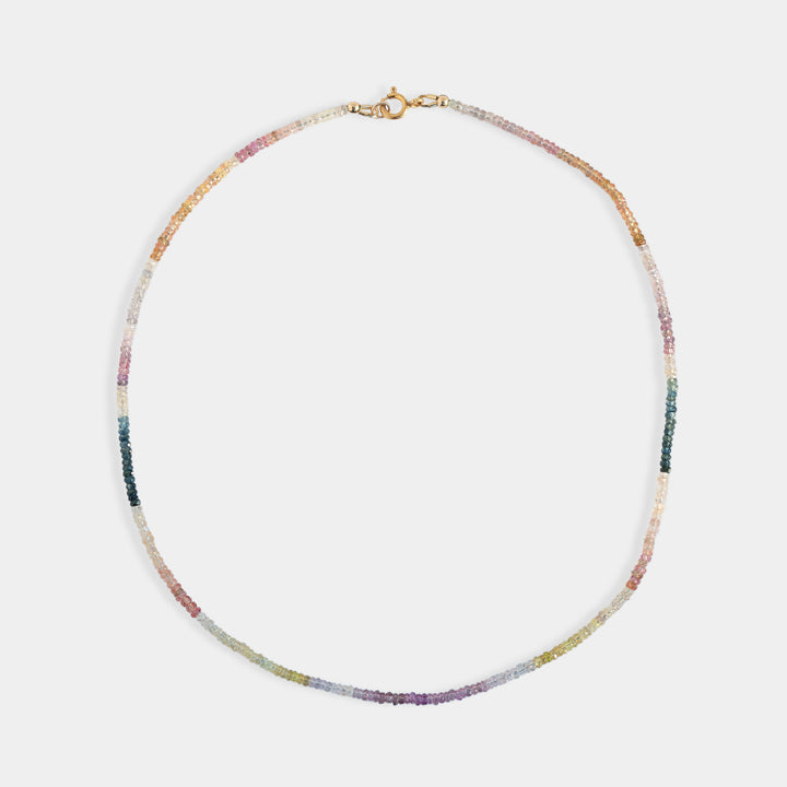 Multi-color sapphire bead necklace in ombre gradient, pink to blue to green
