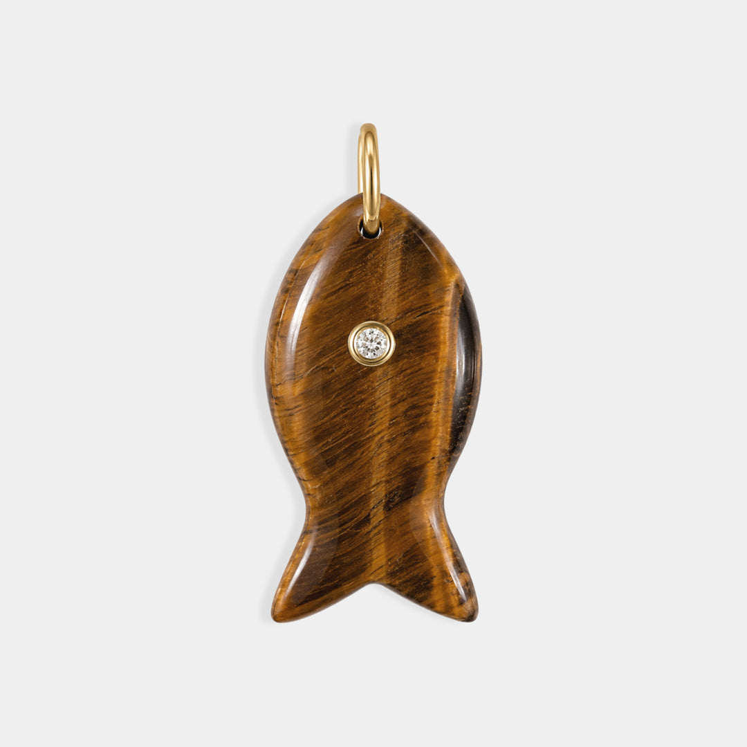 Large carved tiger's eye charm pendant with CZ eye