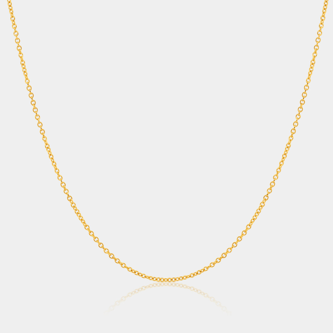 14k gold filled cable chain on a light gray background