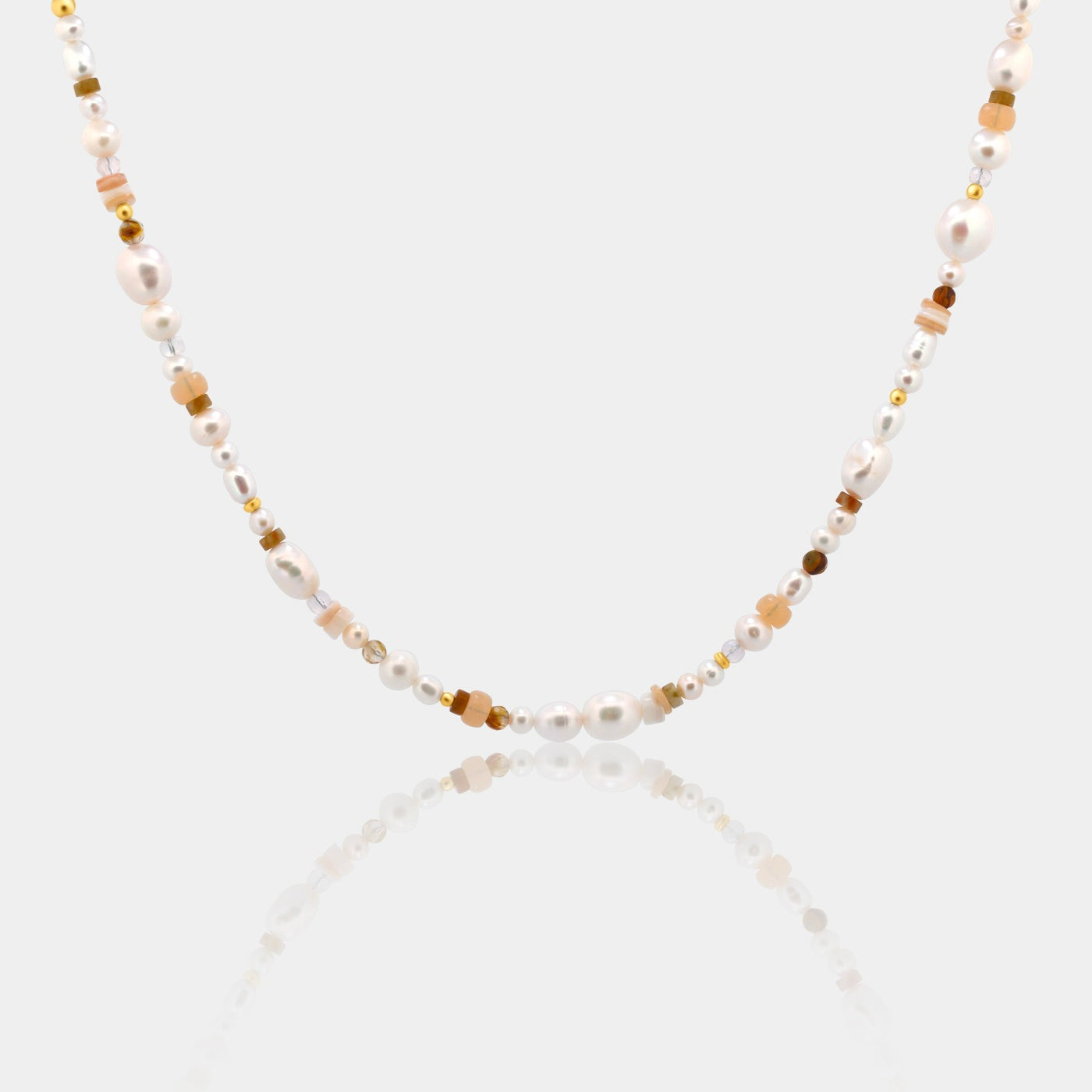 mixed pearl necklace. freshwater pearl necklace with natural gemstones. Manana coastal jewelry collection.