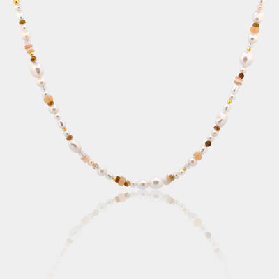 mixed pearl necklace. freshwater pearl necklace with natural gemstones. Manana coastal jewelry collection.