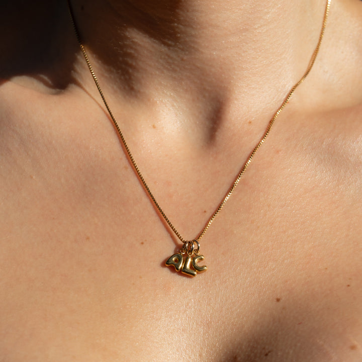 Gold venetian box chain necklace with a initial pendants on a person's neck
