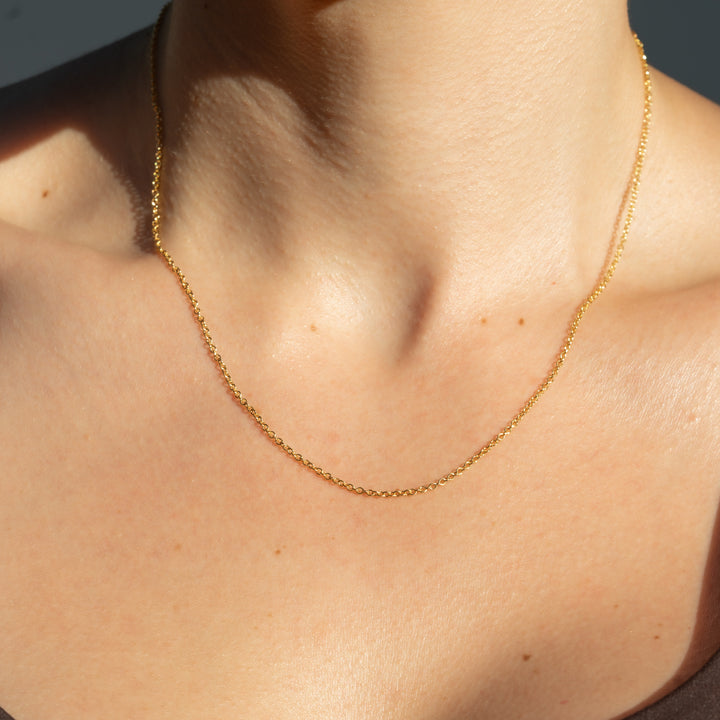Gold dainty cable chain necklace on a person's neck with a neutral background