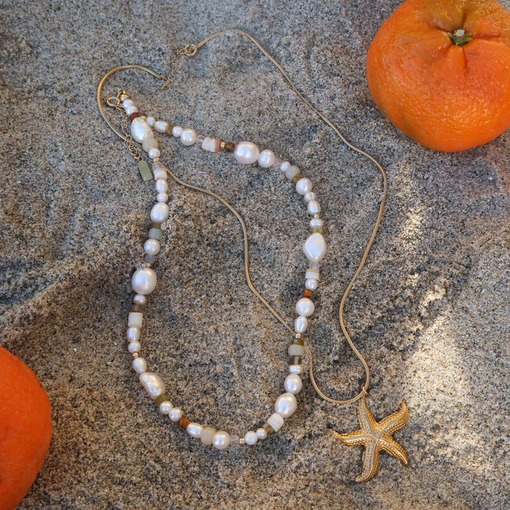 mixed pearl necklace. freshwater pearl necklace with natural gemstones. Manana coastal jewelry collection.