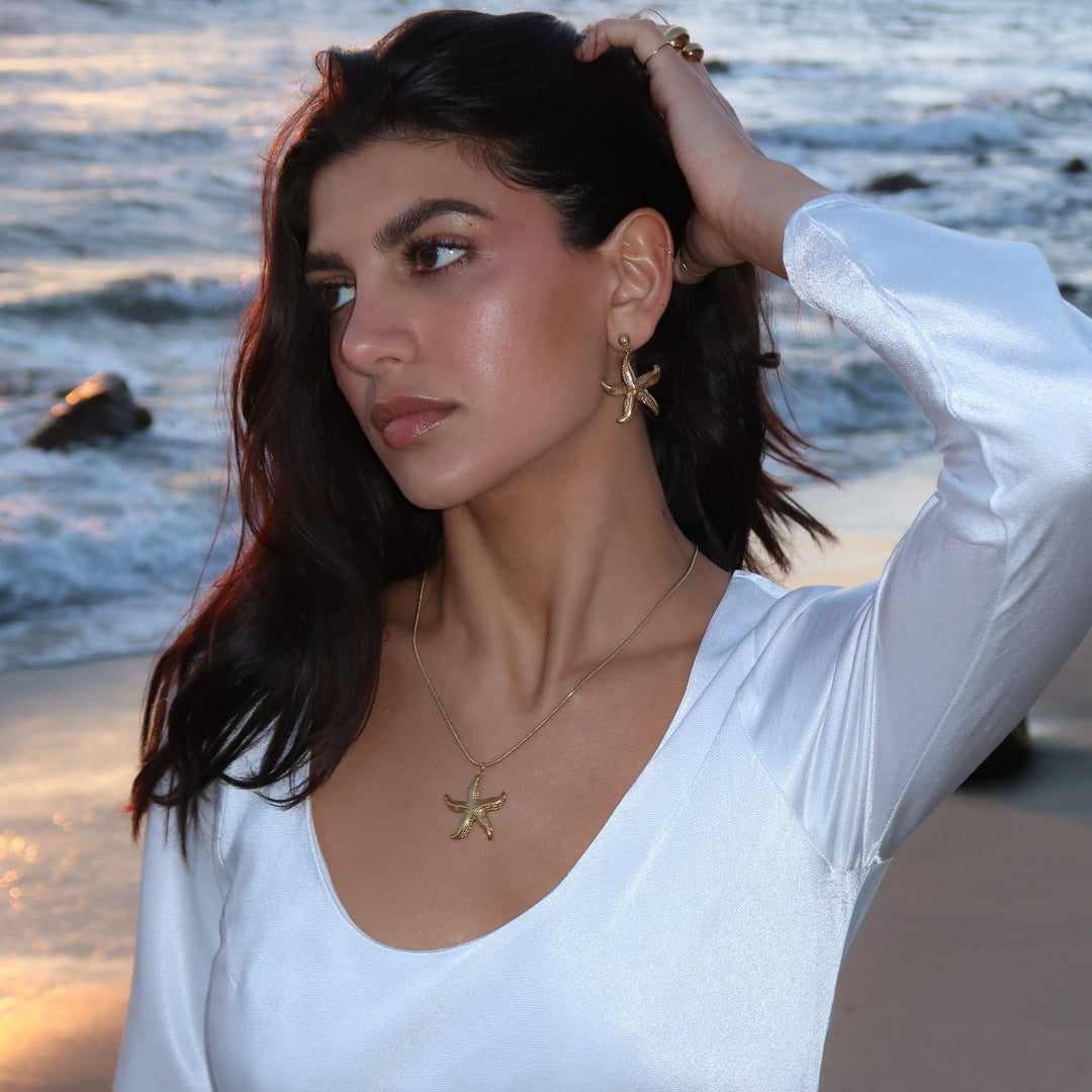 starfish earrings. starfish pendant necklace on 14k gold filled snake chain.
