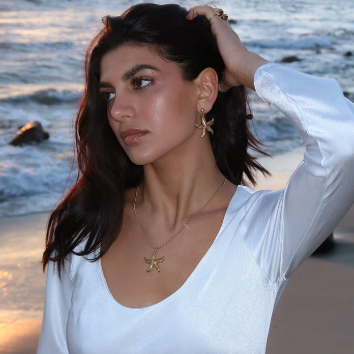 starfish earrings. starfish pendant necklace on 14k gold filled snake chain.