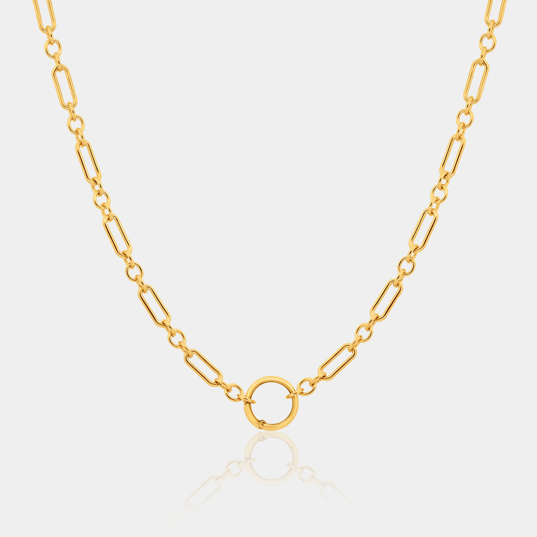 14k gold-filled long and short chain necklace with round carabiner clasp on a light gray background