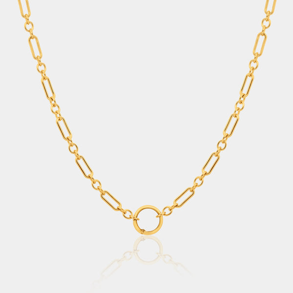 14k gold-filled long and short chain necklace with round carabiner clasp on a light gray background