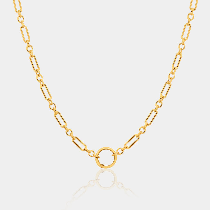 14k gold-filled long and short chain necklace with round carabiner clasp on a light gray background