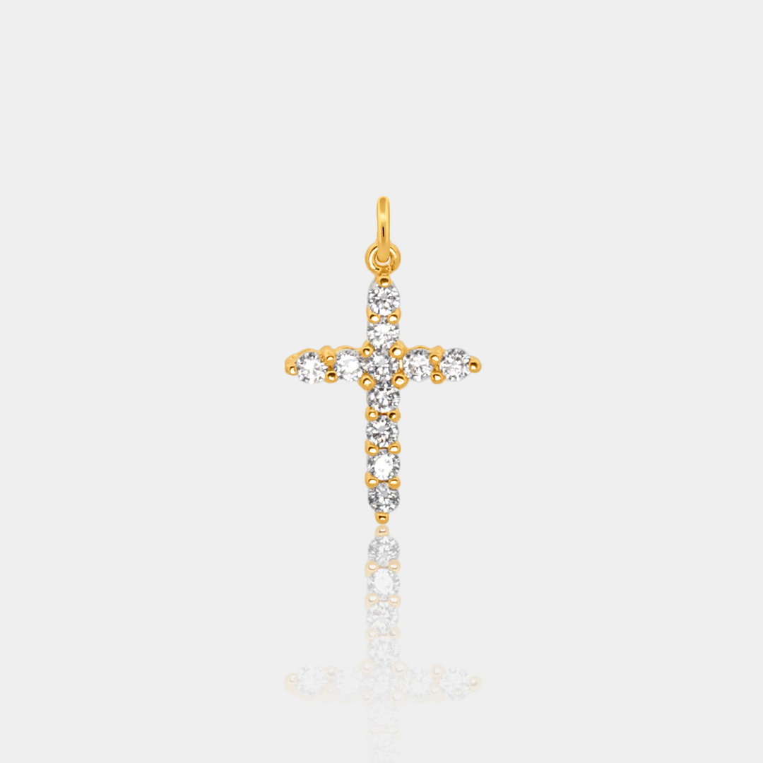 Gold Vermeil CZ Cross Charm on a light gray background