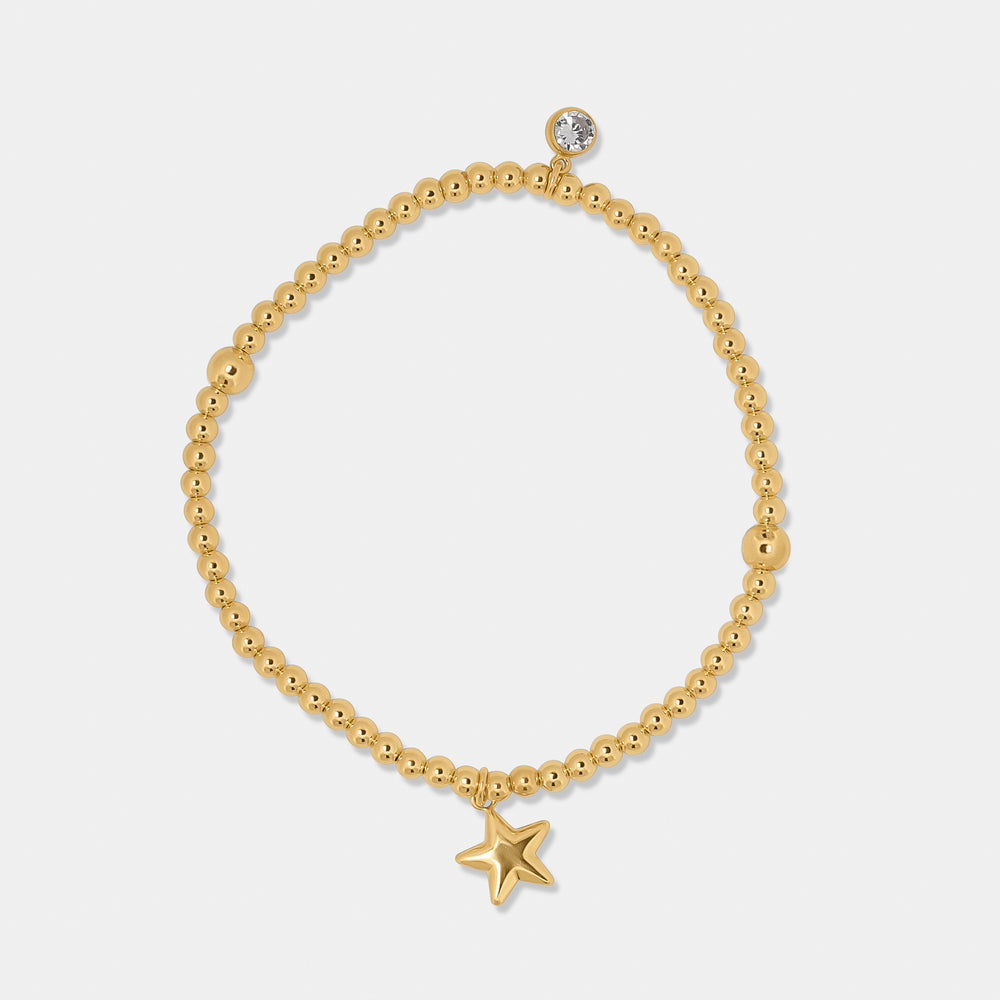 gold bead bracelet with star and round zirconia stone charm