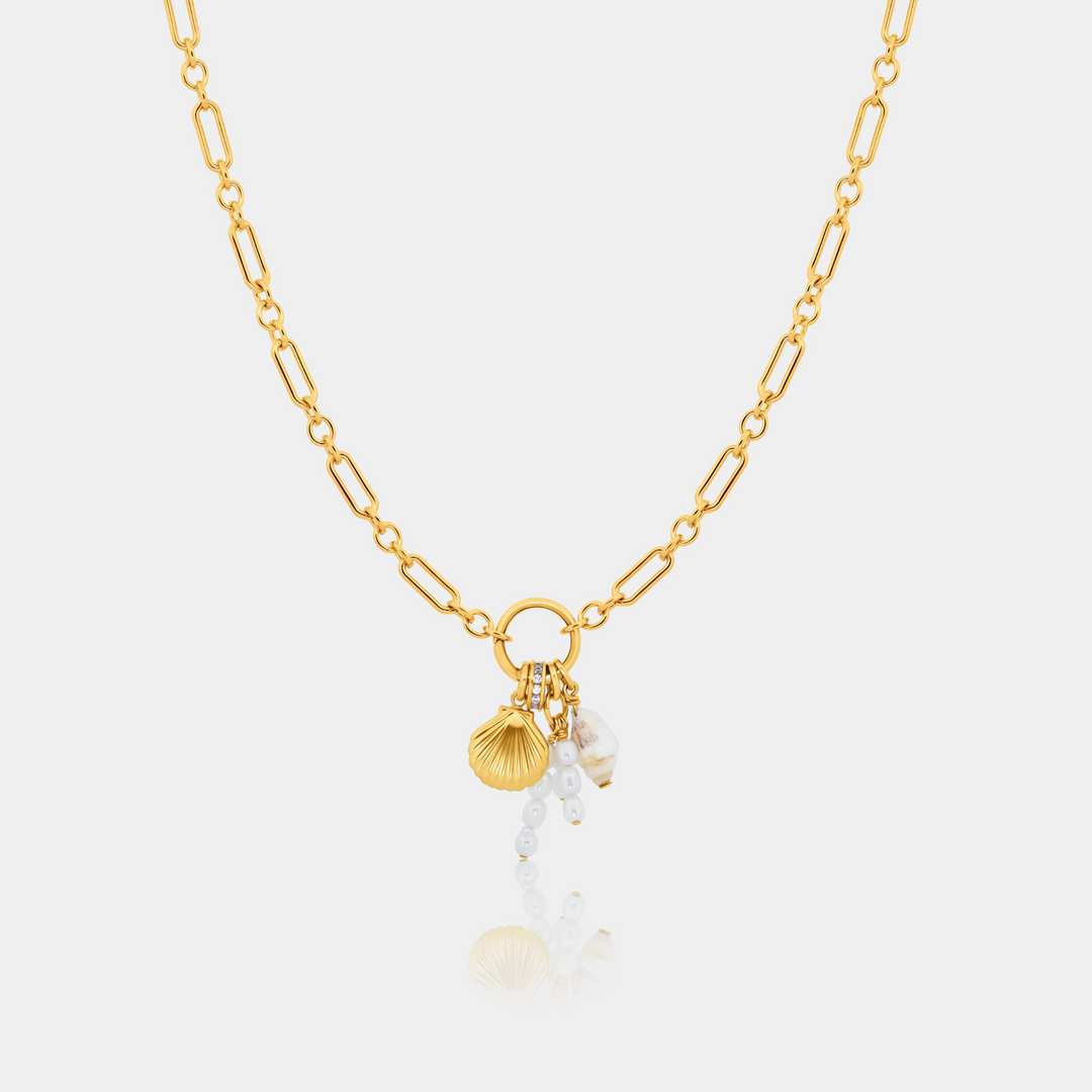 14k gold filled long and short chain necklace with shell, pearl, and charm cluster pendants – part of The Charm Edit
