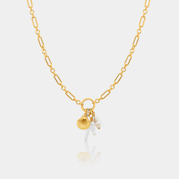 14k gold filled long and short chain necklace with shell, pearl, and charm cluster pendants – part of The Charm Edit