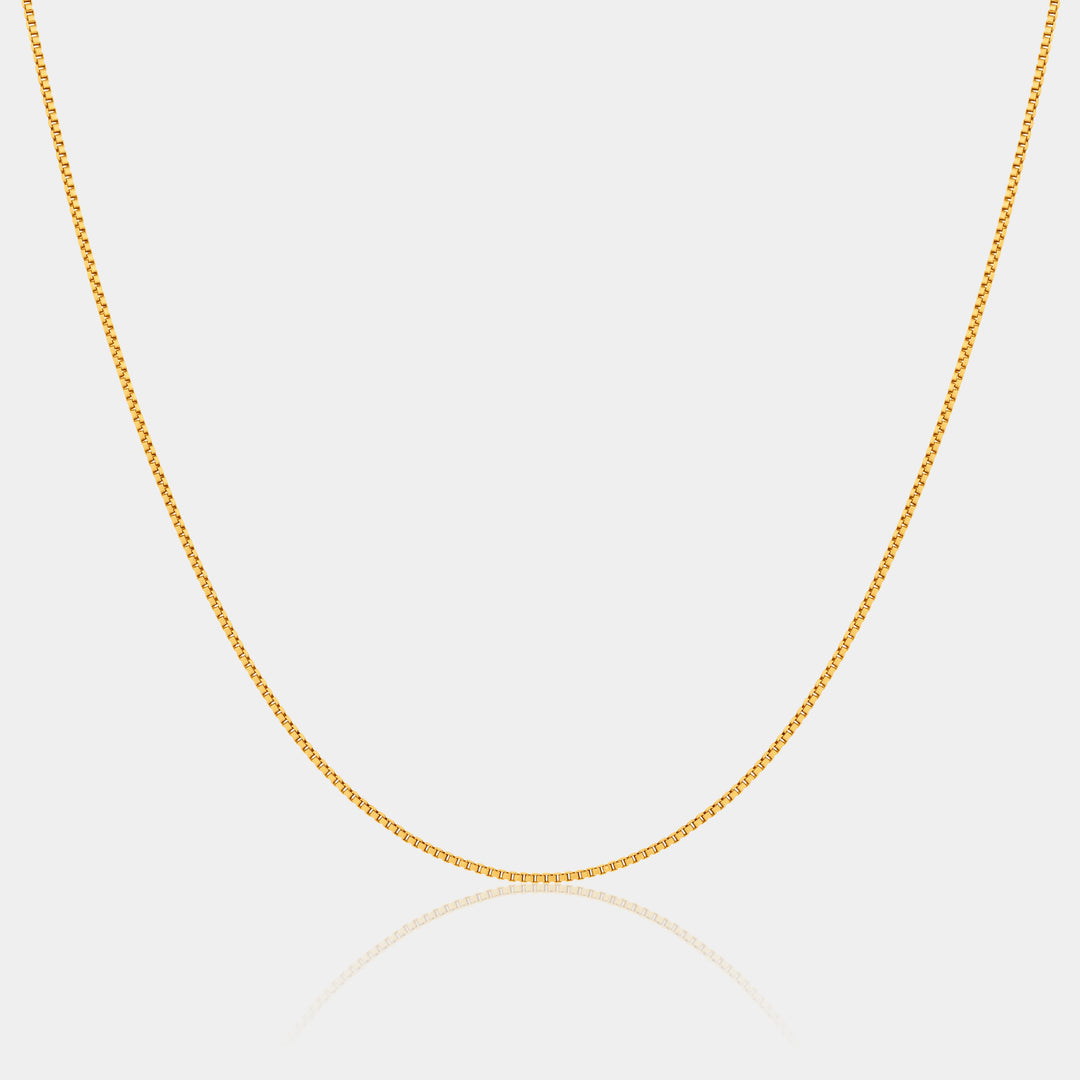 14k gold filled venetian box chain necklace on a light gray background