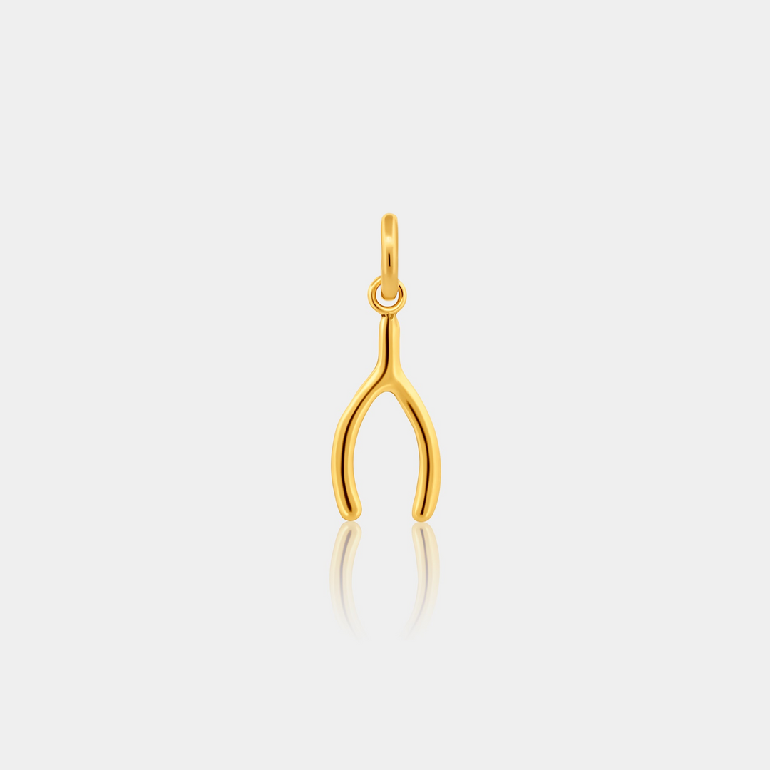 Gold wishbone-shaped pendant on a light gray background