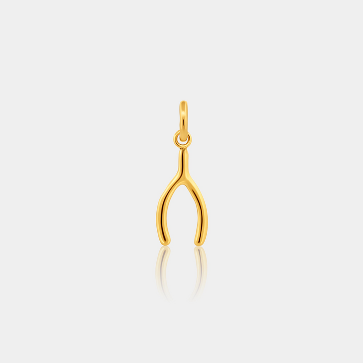 Gold wishbone-shaped pendant on a light gray background