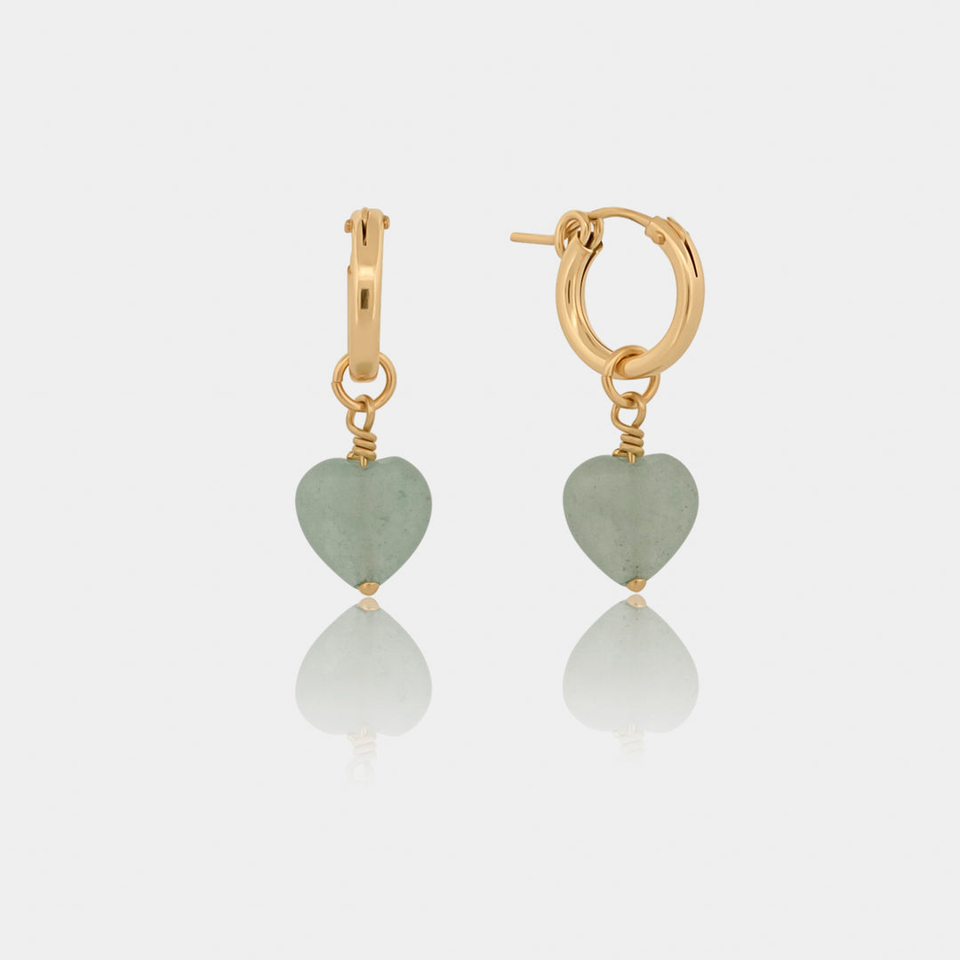 14K Gold Filled Earrings Green Aventurine Heart Drop Hoops LINK'D THE LABEL