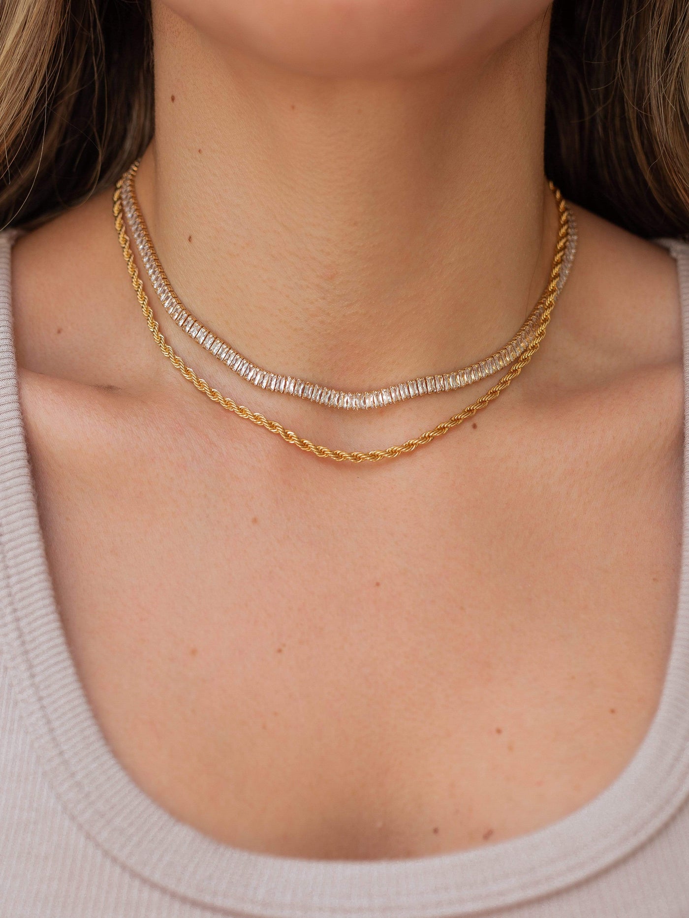 Zirconia Tennis Diamond Necklace in Yellow 18k Brazilian Gold Layered with a Gold Rope Chain Necklace
