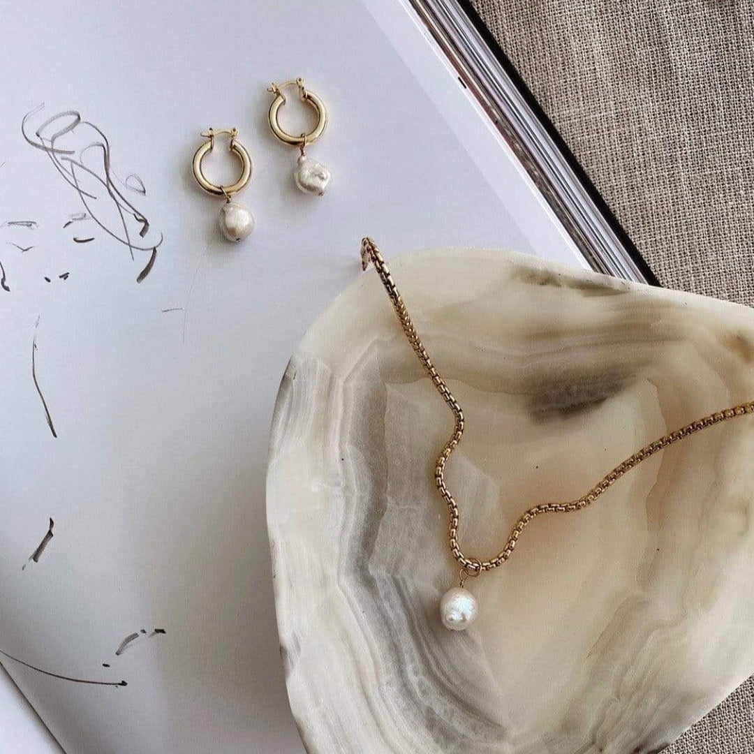 Audrey Baroque Freshwater Pearl Drop Necklace with Audrey Pearl Drop Hoops - LINK'D