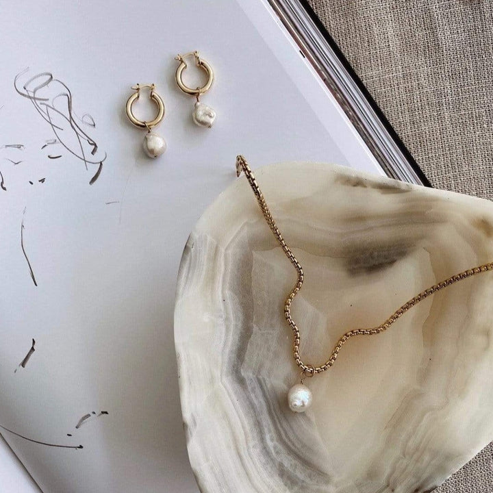 Audrey Baroque Freshwater Pearl Drop Necklace with Audrey Pearl Drop Hoops - LINK'D