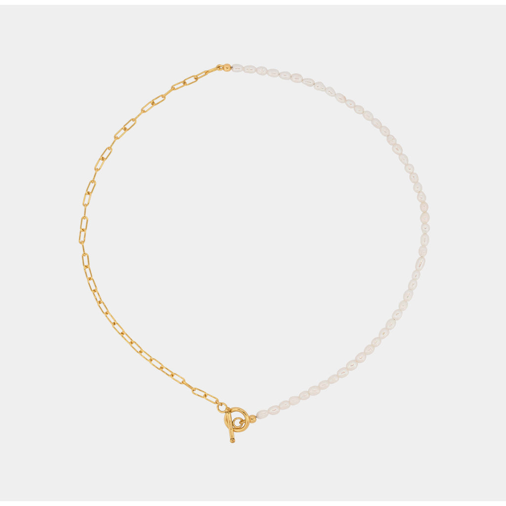 ★PEARLY MORE★ Bold Pearl Clip Chain Necklace Half Pearl Half Dainty Rectangle Paperclip Chain - 14k Gold