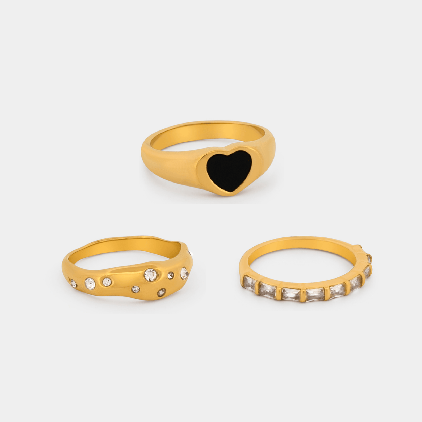 Gold ring stack bundle, heart signet ring, CZ dome ring and thin cz band ring 